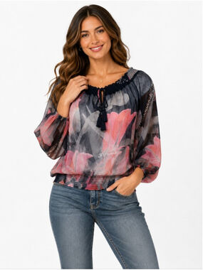 Desigual Women’s Sheer Floral Print Boho Blouse Pink Black Smocked Top